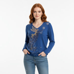 Berek Vintage Blue with Gold Angel Embellishment V-Neck Sweater - Medium